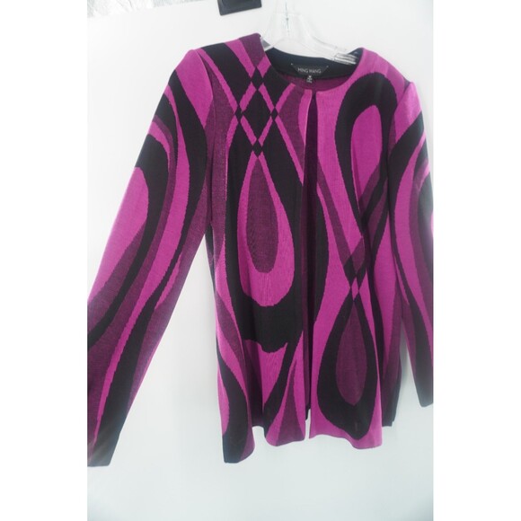 Ming Wang Fuchsia Black Wave Abstract Geometric Heavy Knit Cardigan Sweater Sz M - Picture 6 of 12
